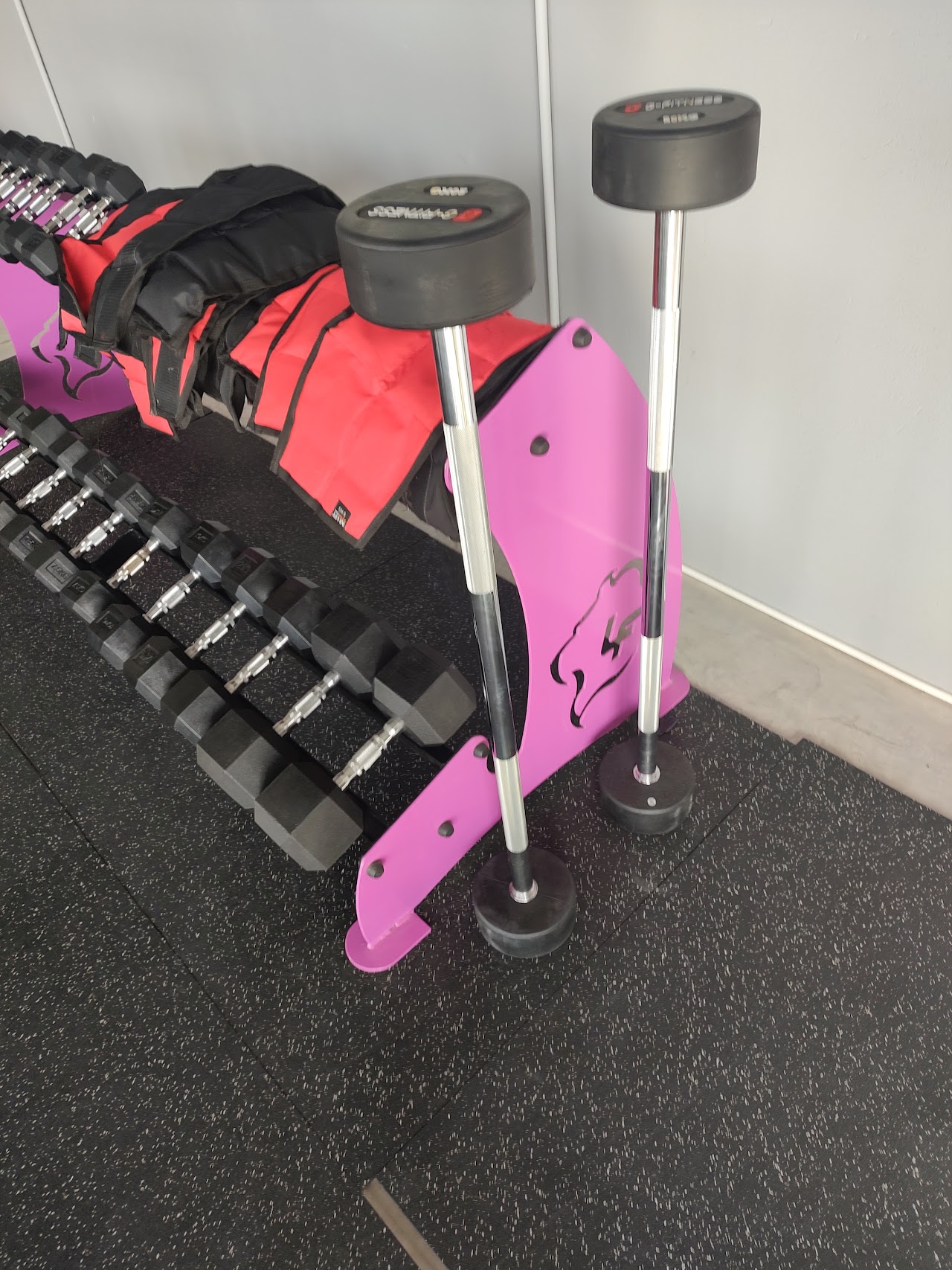 Bright spacious fitness studio and strength training room with pink resistance bands, modern cable machines with pink accents, mirror walls, plants, clean energetic welcoming workout environment for women